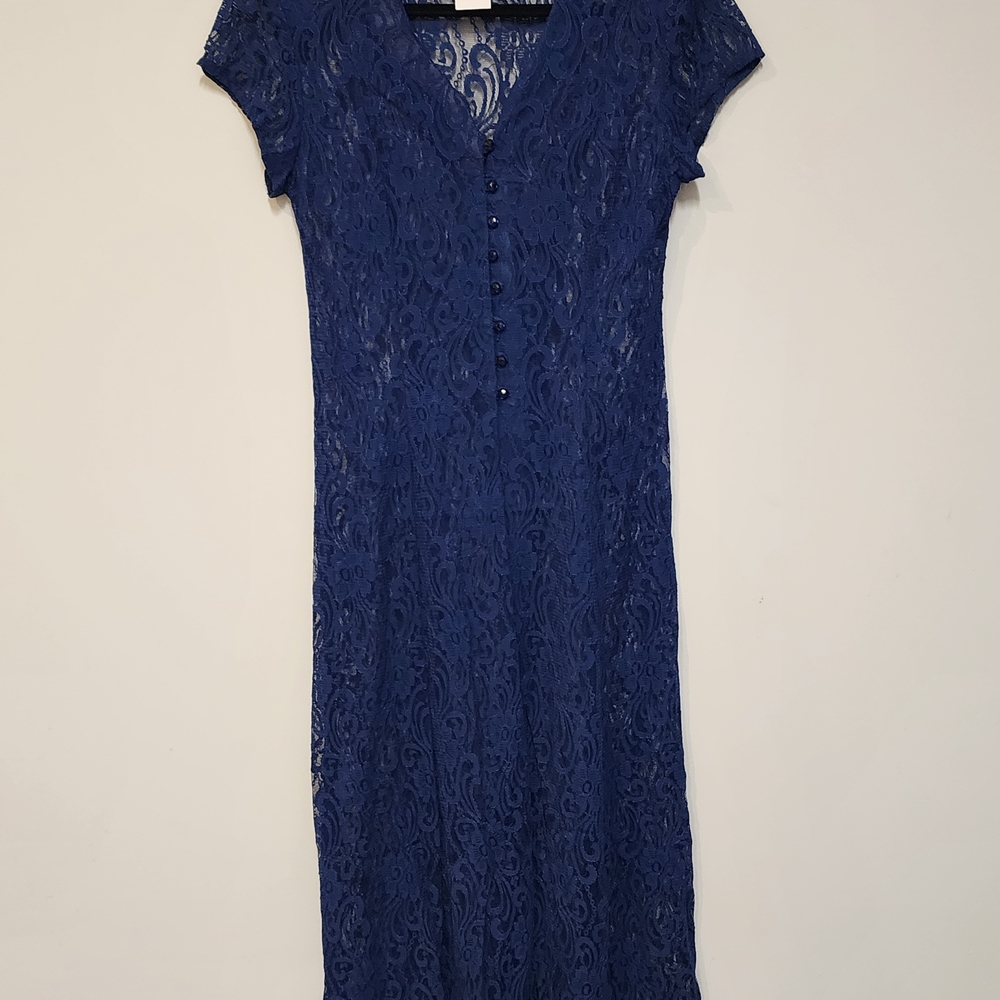 Y2K Maxi Lace Vintage  Royal Navy BLUE Lace Maxi Dress Vtg 11/12